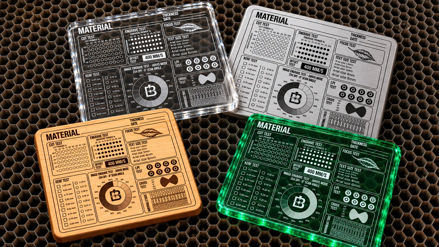 BEAMTUNE calibration test panels engraved on wood, glass, metal and acrylic
